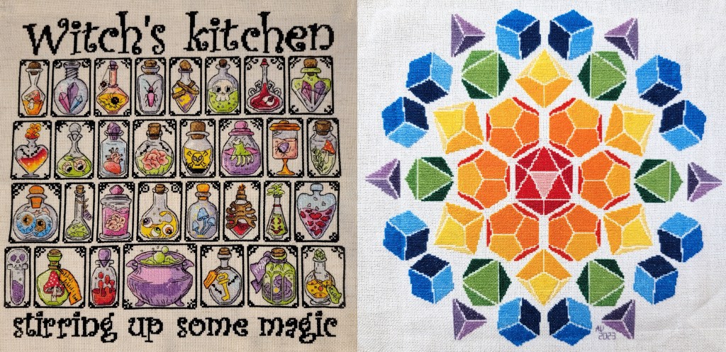On the left - a sampler that looks like the cupboards/shelves of a witch's kitchen, full of bottles with interesting items inside - organs, skulls, eyeballs, crystals, mushrooms, and suspicious liquids along with one bubbling purple cauldron. On the right - a circular arrangement of rainbow colored dice in concentric circles, with a D20 in the middle, orange D12's around them, then yellow D10s and green D8's, and ending with a circle of blue D6s and purple D4s. The dice do not have any numbers on them.