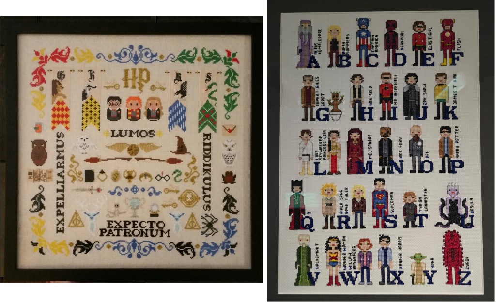 On the left - Cross stitch sampler of Harry potter, with banners depicting all four houses, small versions of Harry, Ron, and Hermione, as well as some spell names (lumos, expelliarmus, ridikulus, and expect patronum) along with several small versions of things associated with the books - owls, the maurauder's map, brooms, the triwizard cup, the deathly hollows, the doe and stag patronus, a time turner, flying keeps, and butterbeer. On the right - alphabet sampler where each letter is a fictional character - Album Dumblefore, Buffy Summers, Captain America, Deadpool, Elastigirl, Flash, Giles and Groot, Han Solo, Mr Incredible, Jon Snow, James T Kirk, Luke and Leia, Melissandre, Nick Fury, Ood, Harry Potter, Q, River Song and Rose Tyler, Superman, Tyrion Lannister, Ursula, Voldemort, Wonder Woman and Willow Rosenberg, Xander Harris, Yoda, and Zygon. Each stands next to their letter. G, L, R and W have their characters standing on either side of the letter.