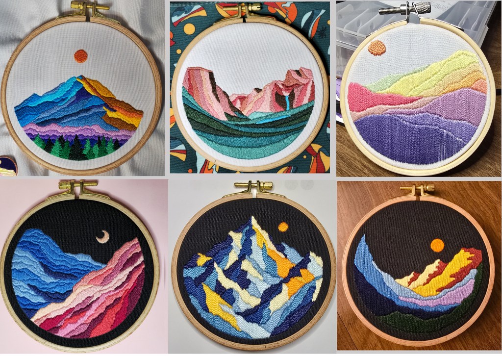 6 embroidery hoops of landscapes. From the top left to the bottom right, they are: Mount Ranier, Yosemite, an abstract pastel mountain scape, a vivid blue and pink mountain scape on black with a crescent moon, a blue and yellow mountain, and a mountain valley done in blues, purples and oranges.